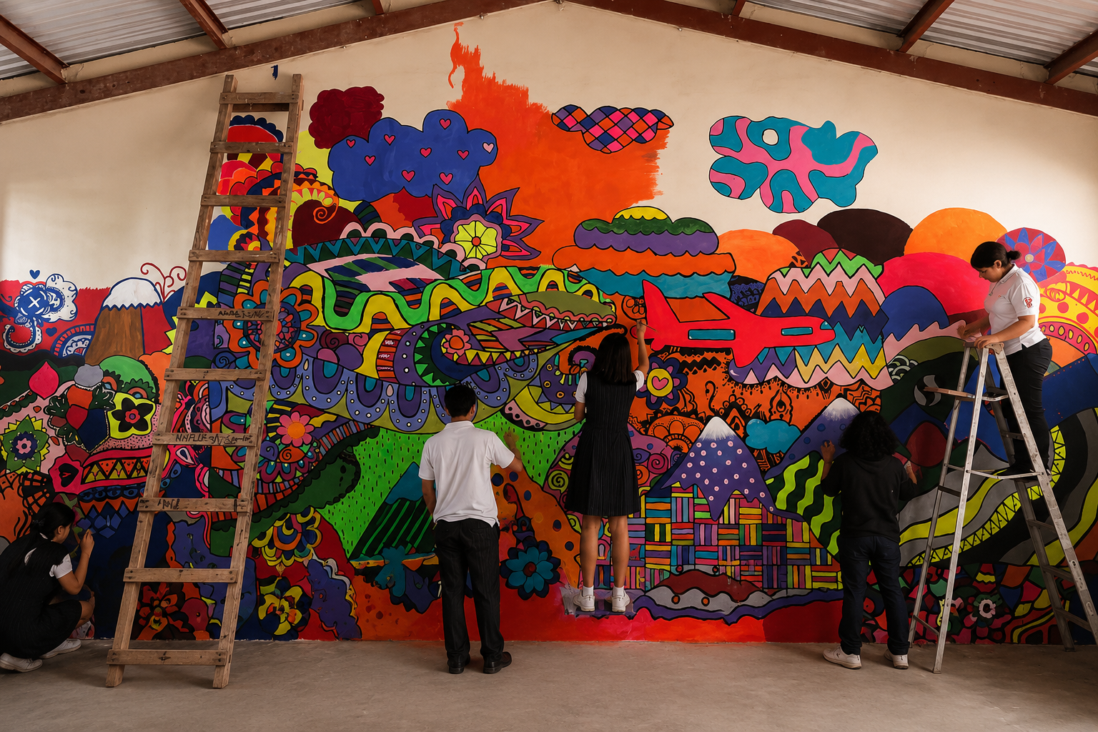 Jóvenes pintando juntos un mural de colores durante un taller de arte y pintura